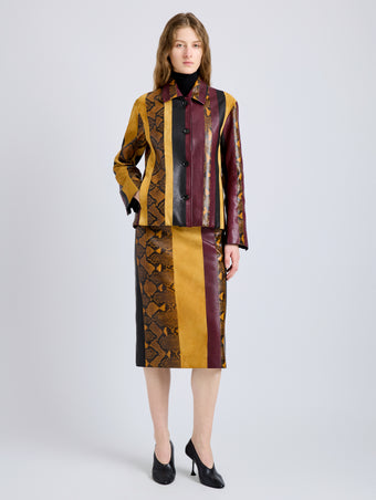 Proenza Schouler Front full length image of model wearing Sirine Skirt in Pieced Leather in Gold Multi