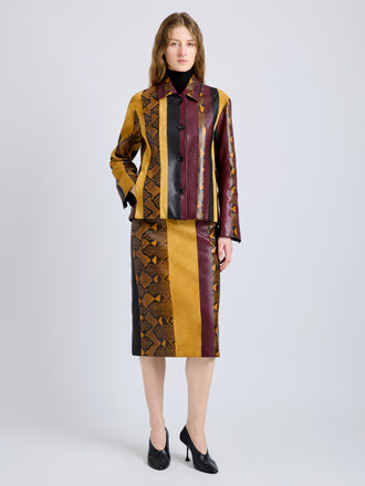 Proenza Schouler Front full length image of model wearing Sirine Skirt in Pieced Leather in Gold Multi