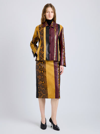 Proenza Schouler Front full length image of model wearing Sirine Skirt in Pieced Leather in Gold Multi