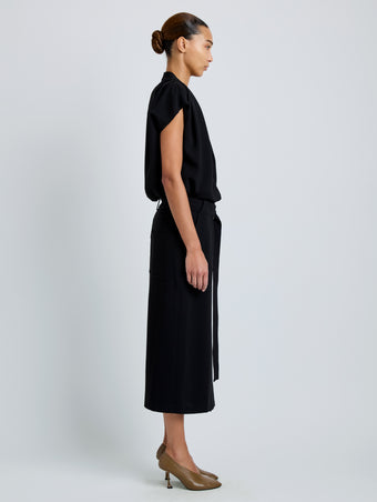 Proenza Schouler Side full length image of model wearing Carine Cargo Skirt in Matte Double Crepe in Black