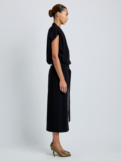 Proenza Schouler Side full length image of model wearing Carine Cargo Skirt in Matte Double Crepe in Black