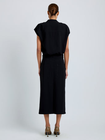 Proenza Schouler Back full length image of model wearing Carine Cargo Skirt in Matte Double Crepe in Black