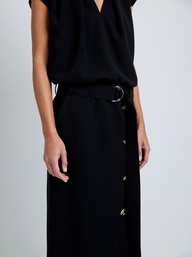 Proenza Schouler Detail image of model wearing Carine Cargo Skirt in Matte Double Crepe in Black