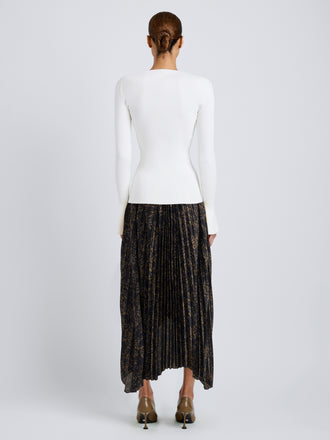 Proenza Schouler Back full length image of model wearing Paulina Dress in Pleated Georgette in Gold Multi
