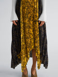 Proenza Schouler Detail image of model wearing Paulina Skirt in Pleated Georgette in GoldBlack Multi