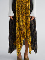 Proenza Schouler Detail image of model wearing Paulina Skirt in Pleated Georgette in GoldBlack Multi