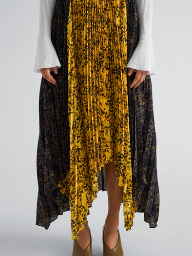Proenza Schouler Detail image of model wearing Paulina Skirt in Pleated Georgette in GoldBlack Multi