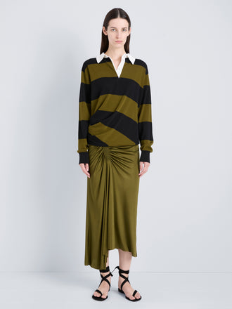 Proenza Schouler Front full length image of model wearing Naia Skirt in Viscose Satin Jersey in Moss