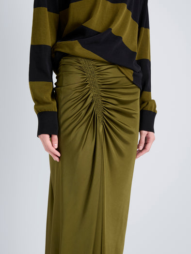 Proenza Schouler Detail image of model wearing Naia Skirt in Viscose Satin Jersey in Moss