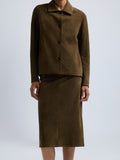 Proenza Schouler Detail image of model wearing Irine Suede Skirt in Cypress

