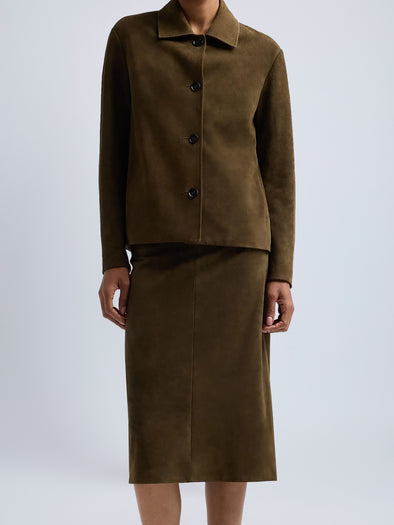 Proenza Schouler Detail image of model wearing Irine Suede Skirt in Cypress

