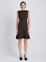 Proenza Schouler Front full length image of model wearing Saski Dress in Cotton in Textured Fringe Intarsia in Earth