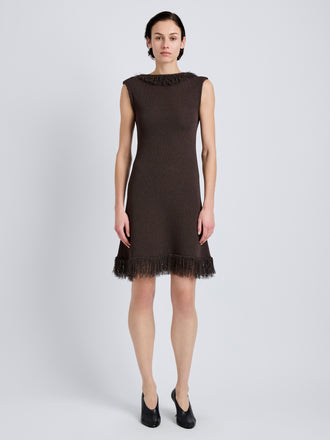 Proenza Schouler Front full length image of model wearing Saski Dress in Cotton in Textured Fringe Intarsia in Earth