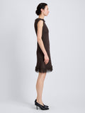 Proenza Schouler Side full length image of model wearing Saski Dress in Cotton in Textured Fringe Intarsia in Earth