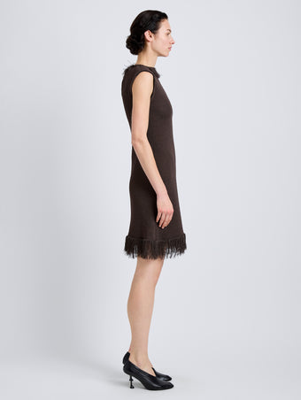 Proenza Schouler Side full length image of model wearing Saski Dress in Cotton in Textured Fringe Intarsia in Earth