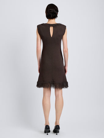 Proenza Schouler Back full length image of model wearing Saski Dress in Cotton in Textured Fringe Intarsia in Earth