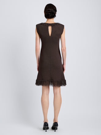 Proenza Schouler Back full length image of model wearing Saski Dress in Cotton in Textured Fringe Intarsia in Earth