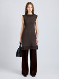 Proenza Schouler Front full length image of model wearing Saski Dress in Cotton in Textured Fringe Intarsia in Earth