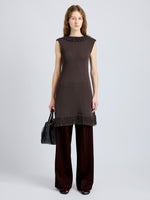 Proenza Schouler Front full length image of model wearing Saski Dress in Cotton in Textured Fringe Intarsia in Earth