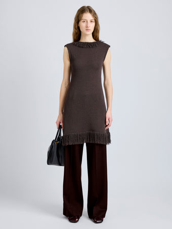 Proenza Schouler Front full length image of model wearing Saski Dress in Cotton in Textured Fringe Intarsia in Earth