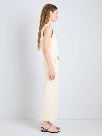 Proenza Schouler Side full length image of model wearing Nila Pant in Cotton Drill in Marzipan