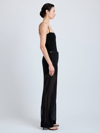Proenza Schouler Side full length image of model wearing Eran Pant in Sheer Wool in Black