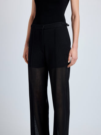 Proenza Schouler Detail image of model wearing Eran Pant in Sheer Wool in Black