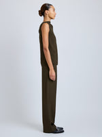 Proenza Schouler Side full length image of model wearing Lien Pant in Eco Hammered Viscose in Cypress