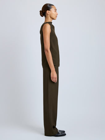 Proenza Schouler Side full length image of model wearing Lien Pant in Eco Hammered Viscose in Cypress