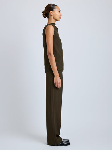 Proenza Schouler Side full length image of model wearing Lien Pant in Eco Hammered Viscose in Cypress