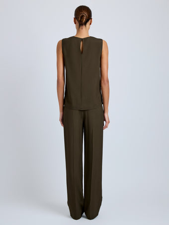 Proenza Schouler Back full length image of model wearing Lien Pant in Eco Hammered Viscose in Cypress