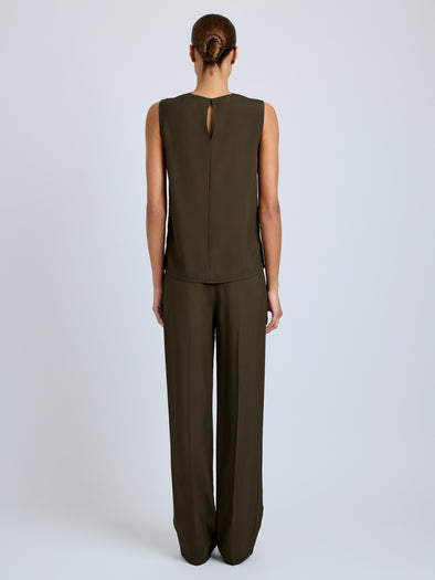 Proenza Schouler Back full length image of model wearing Lien Pant in Eco Hammered Viscose in Cypress