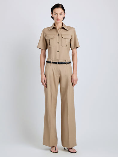 Proenza Schouler Front full length image of model wearing Halima Pant in Wool Gabardine in Khaki