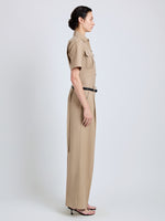 Proenza Schouler Side full length image of model wearing Halima Pant in Wool Gabardine in Khaki