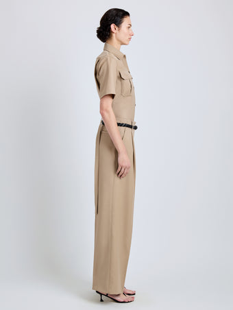 Proenza Schouler Side full length image of model wearing Halima Pant in Wool Gabardine in Khaki
