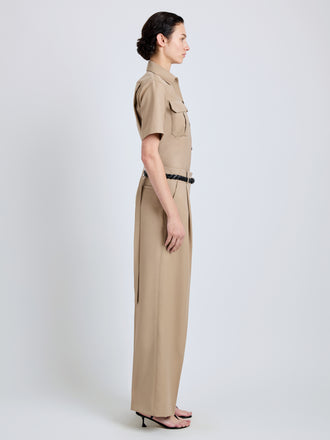 Proenza Schouler Side full length image of model wearing Halima Pant in Wool Gabardine in Khaki