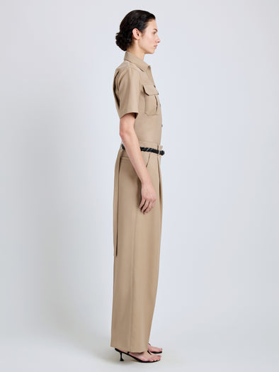 Proenza Schouler Side full length image of model wearing Halima Pant in Wool Gabardine in Khaki