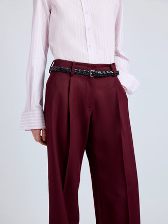 Proenza Schouler Detail image of model wearing Halima Pant in Wool Gabardine in Oxblood