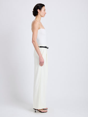 Proenza Schouler Side full length image of model wearing Halima Pant in Matte Double Crepe in Alabaster