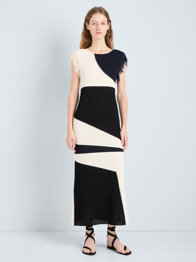 Proenza Schouler Front full length image of model wearing Saskia Dress in Textured Fringe Intarsia in Sand Multi