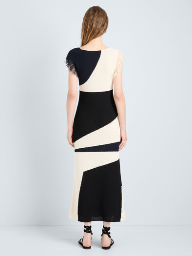 Proenza Schouler Back full length image of model wearing Saskia Dress in Textured Fringe Intarsia in Sand Multi