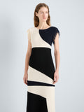 Proenza Schouler Detail image of model wearing Saskia Dress in Textured Fringe Intarsia in Sand Multi