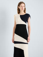 Proenza Schouler Detail image of model wearing Saskia Dress in Textured Fringe Intarsia in Sand Multi