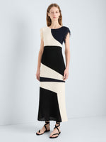 Proenza Schouler Front Full length image of model wearing Saskia Dress in Textured Fringe Intarsia in Sand Multi
