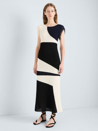 Proenza Schouler Front Full length image of model wearing Saskia Dress in Textured Fringe Intarsia in Sand Multi