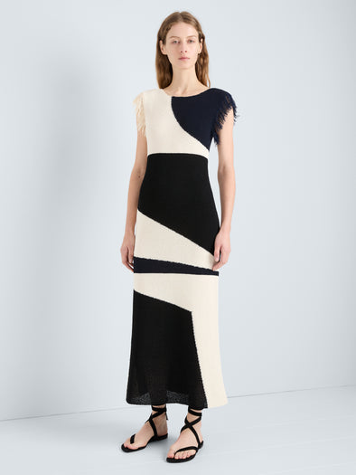 Proenza Schouler Front Full length image of model wearing Saskia Dress in Textured Fringe Intarsia in Sand Multi