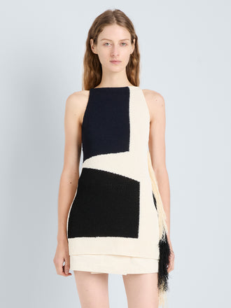 Proenza Schouler Front cropped image of model wearing Saskia Top in Textured Fringe Intarsia in Sand Multi