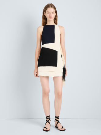 Proenza Schouler Front full length image of model wearing Saskia Top in Textured Fringe Intarsia in Sand Multi