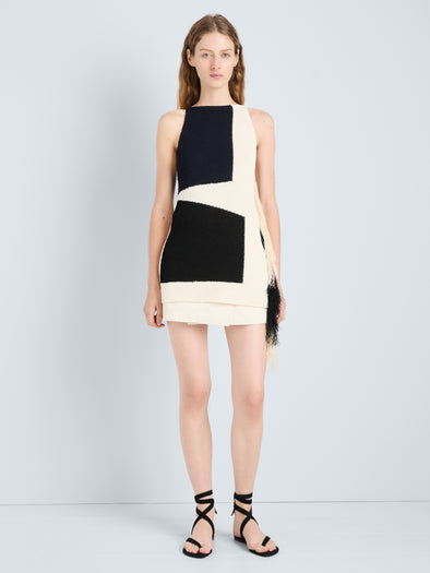 Proenza Schouler Front full length image of model wearing Saskia Top in Textured Fringe Intarsia in Sand Multi