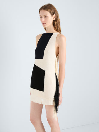 Proenza Schouler Detail image of model wearing Saskia Top in Textured Fringe Intarsia
